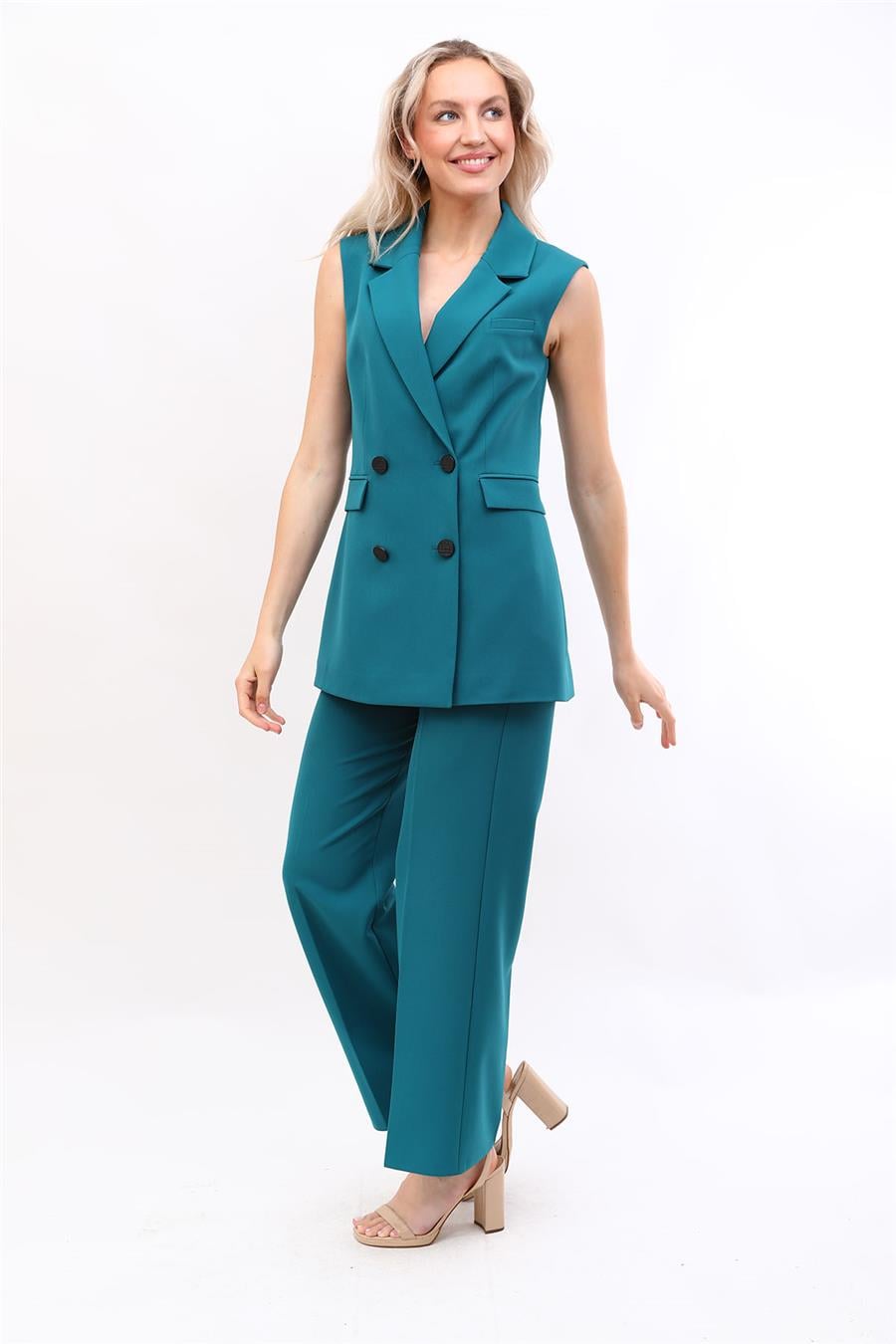 Blazer  Yelek & Bol Paça Pantolon-Petrol - 1523520