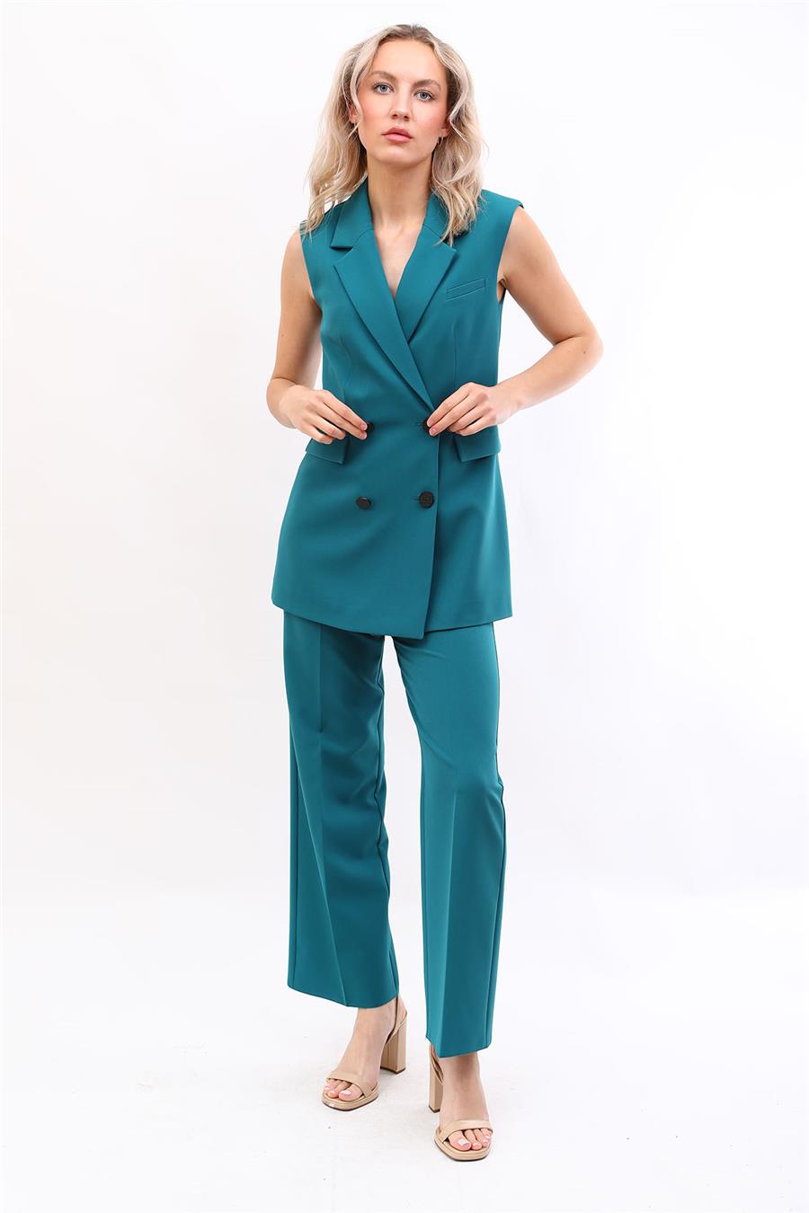 Blazer  Yelek & Bol Paça Pantolon-Petrol - 1523520