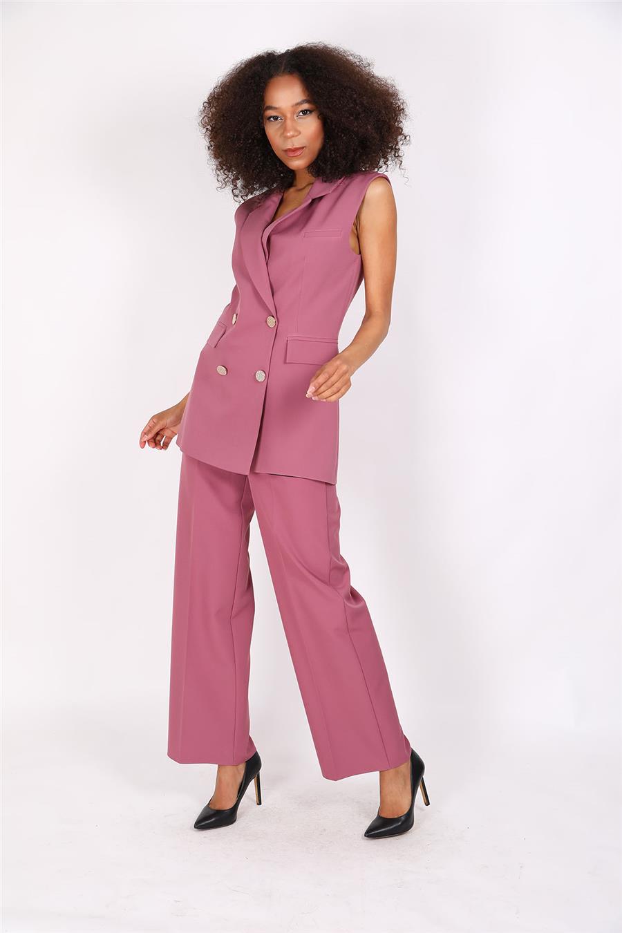 Blazer  Yelek & Bol Paça Pantolon-Rose - 1523520