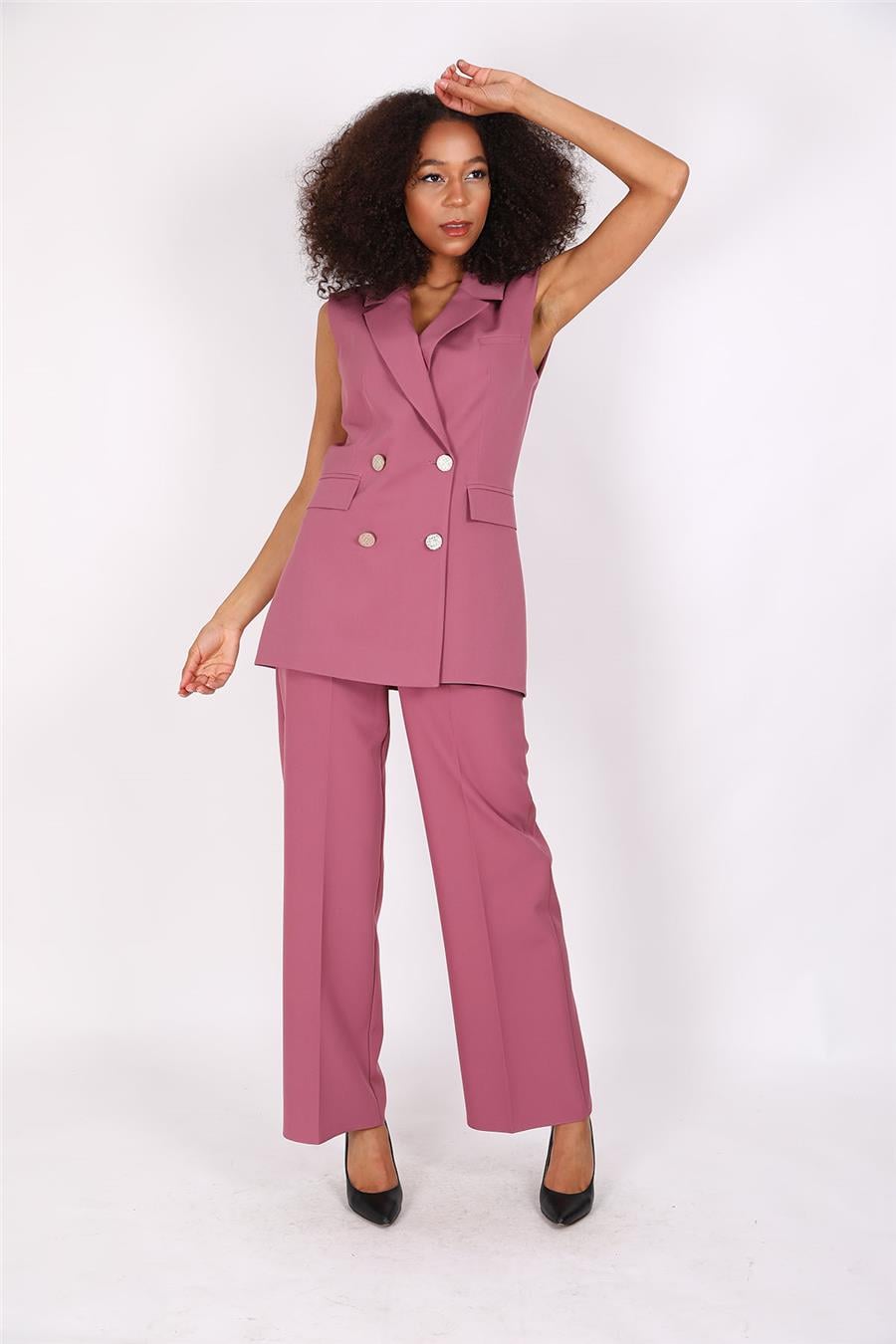 Blazer  Yelek & Bol Paça Pantolon-Rose - 1523520