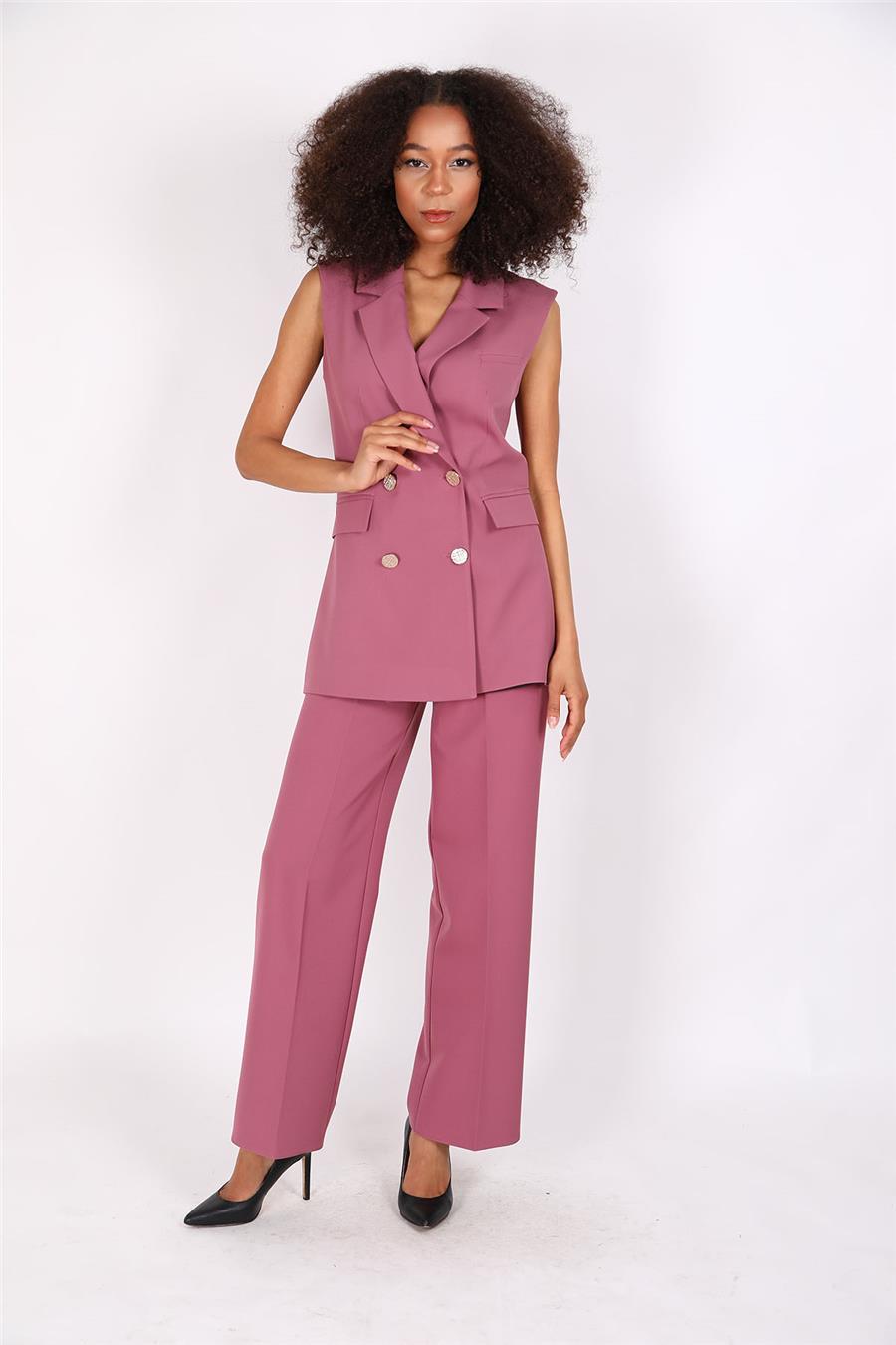 Blazer  Yelek & Bol Paça Pantolon-Rose - 1523520