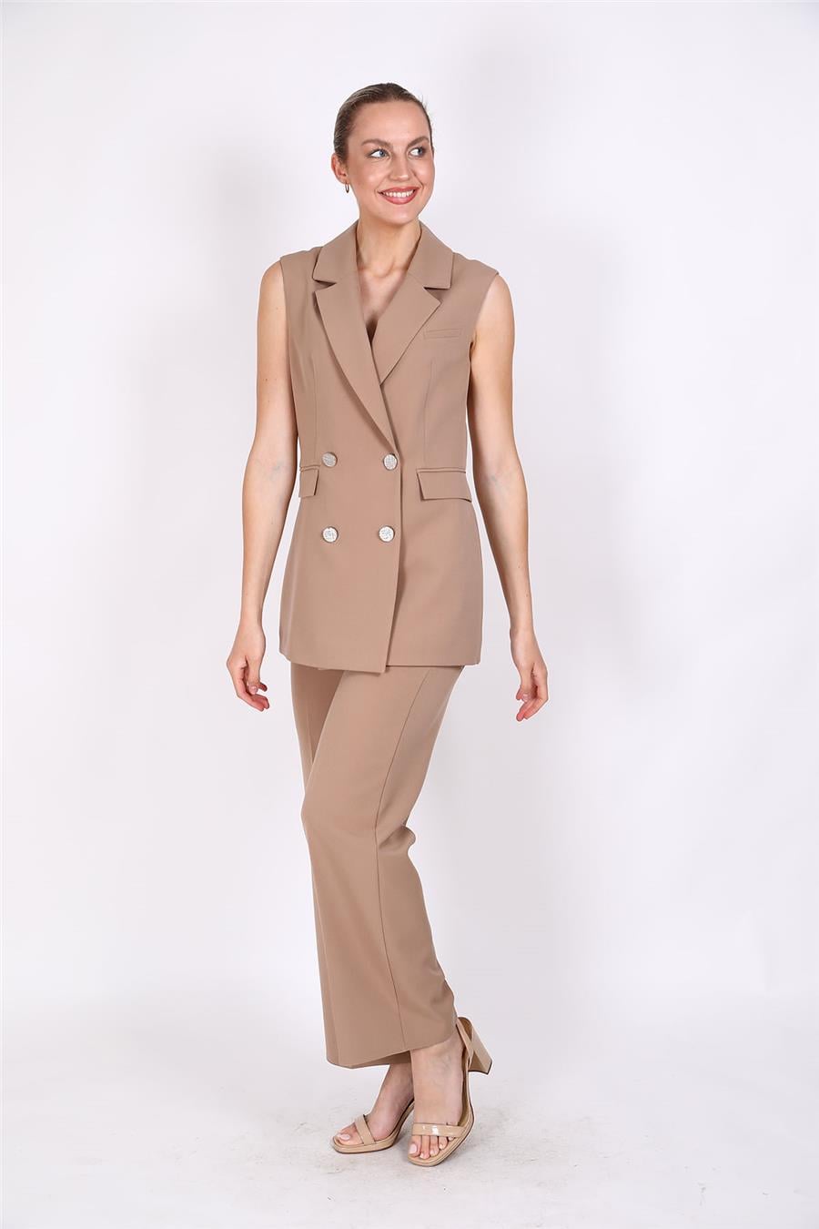 Blazer  Yelek & Bol Paça Pantolon-Taş - 1523520