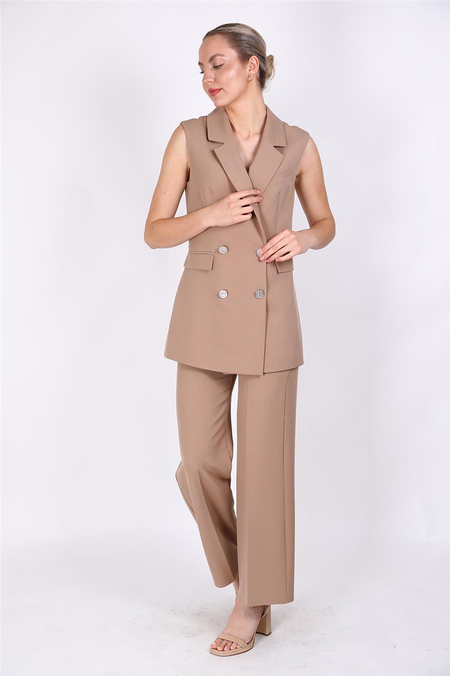 Blazer  Yelek & Bol Paça Pantolon-Taş - 1523520