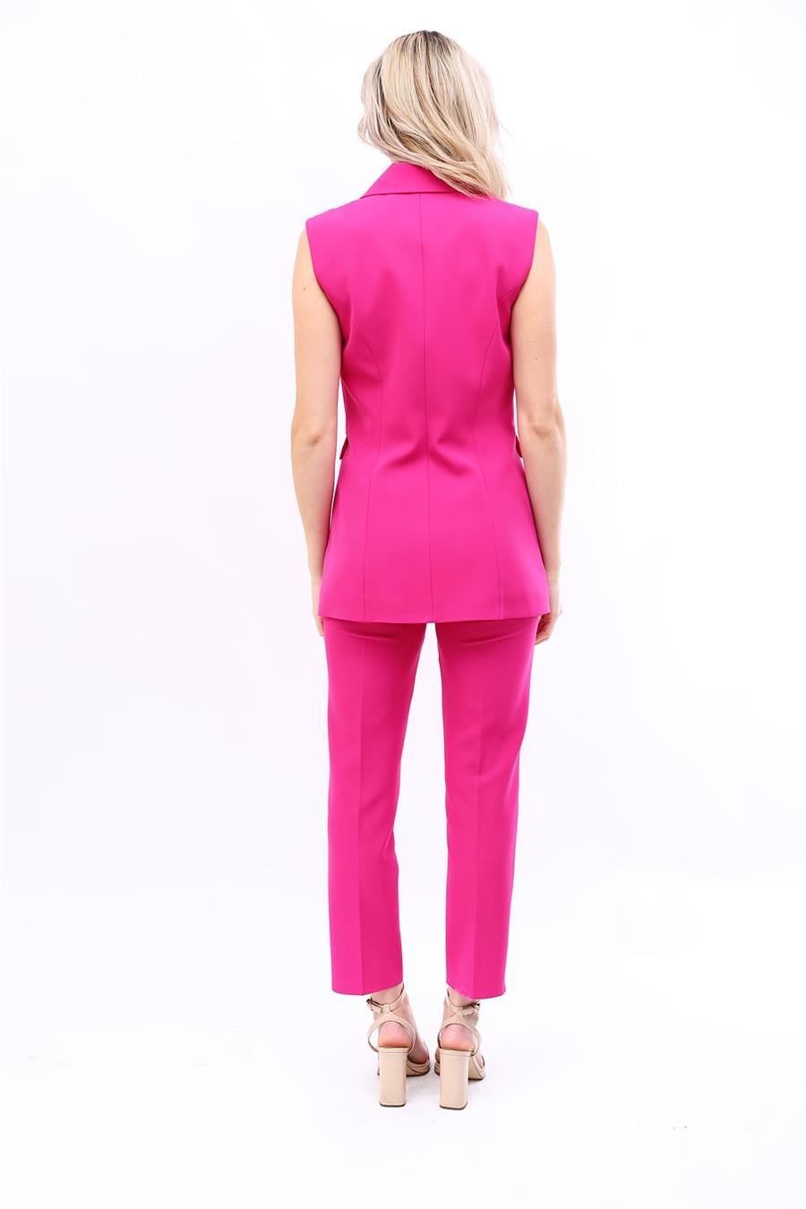 Blazer  Yelek & Boru Paça Pantolon-Fuşya