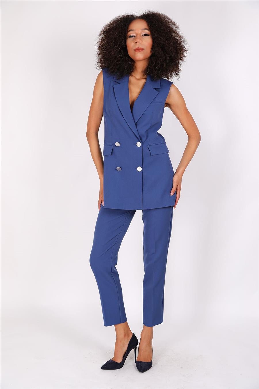 Blazer  Yelek & Boru Paça Pantolon-İndigo