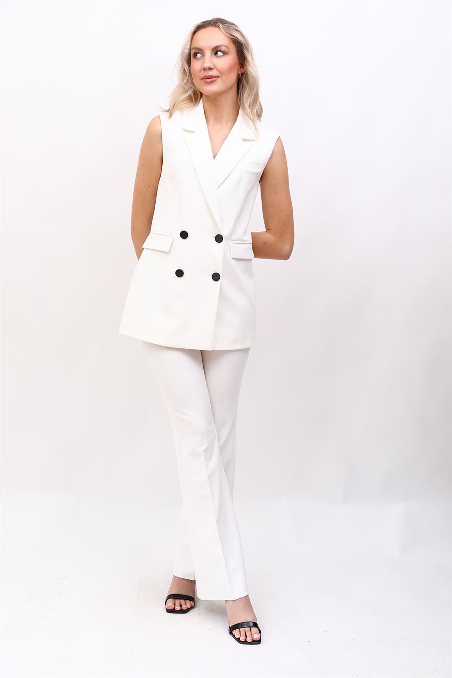 Blazer  Yelek & İspanyol Paça Pantolon-Beyaz - 1523530