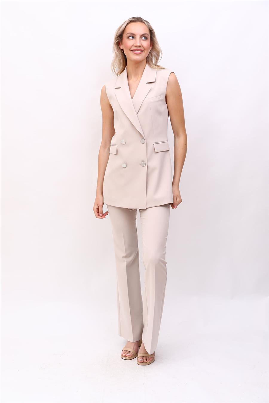 Blazer  Yelek & İspanyol Paça Pantolon-Bej