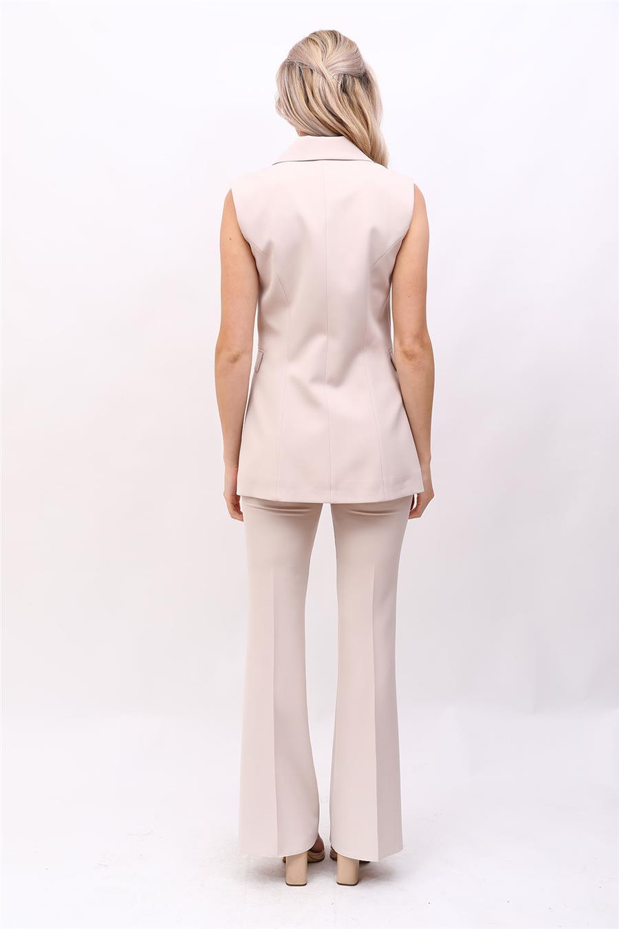 Blazer  Yelek & İspanyol Paça Pantolon-Bej