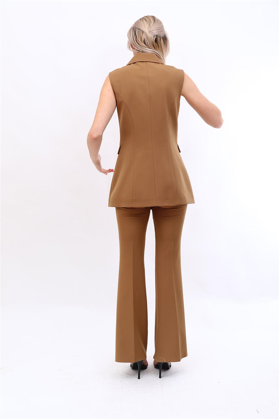 Blazer  Yelek & İspanyol Paça Pantolon-Camel