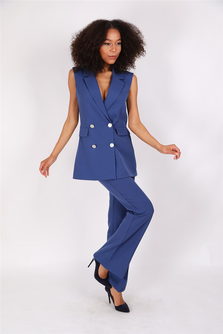 Blazer  Yelek & İspanyol Paça Pantolon-İndigo - 1523530
