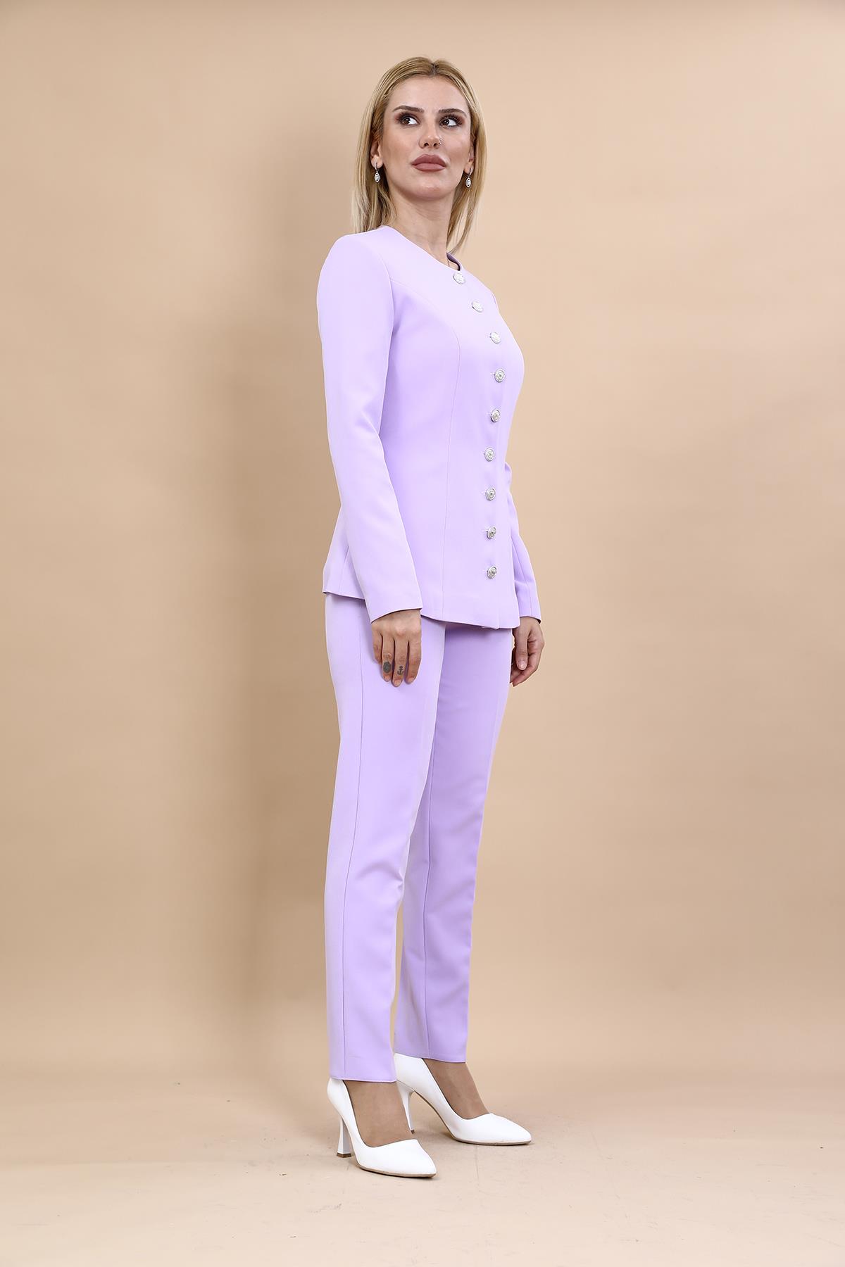 Sıfır Yaka Boydan Düğmeli Ceket & Dar Paça Pantolon-Menekşe - 1064510