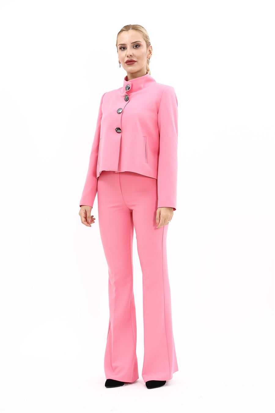 Boydan Düğmeli Mini Ceket & İspanyol  Paça Pantolon Takım-Pembe