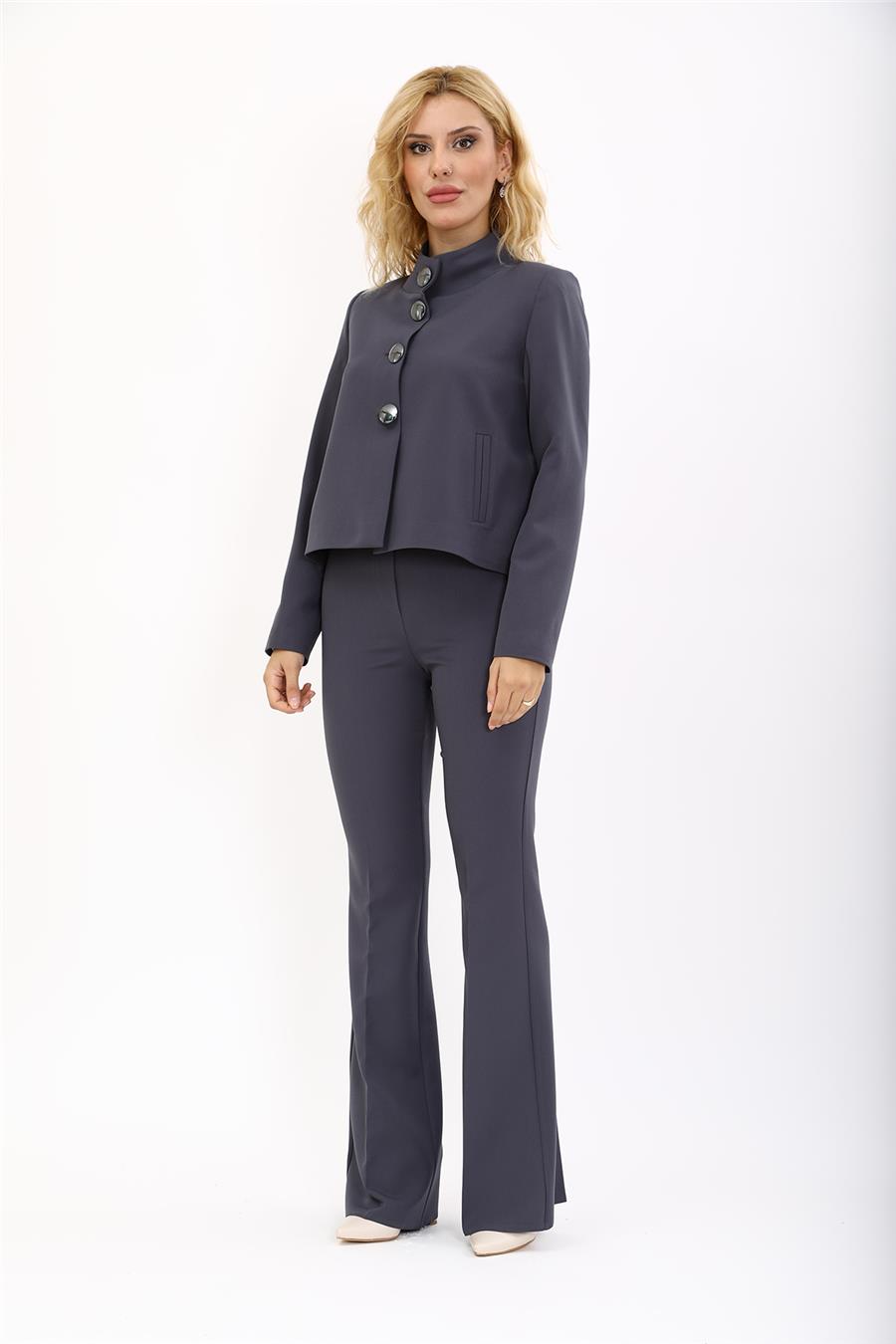 Boydan Düğmeli Mini Ceket & İspanyol  Paça Pantolon Takım-Füme - 1010530