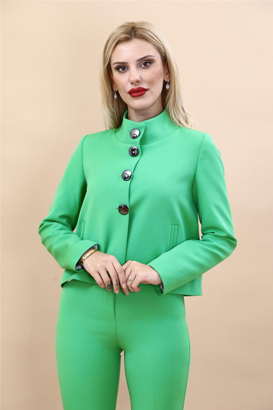 Boydan Düğmeli Mini Ceket-Yeşil