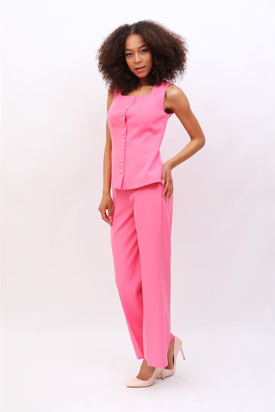 Boydan Düğmeli  Yelek & Bol Paça Pantolon Takım-Pembe