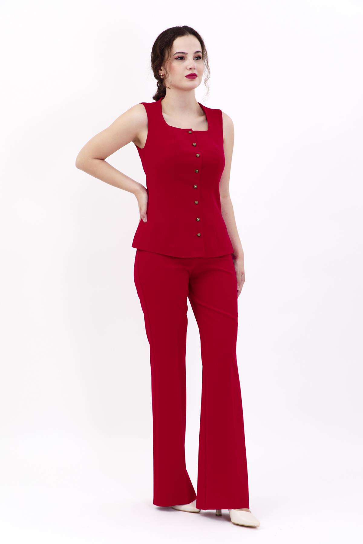 Kare Yaka Kuplu Yelek & İspanyol Paça Pantolon-Kırmızı