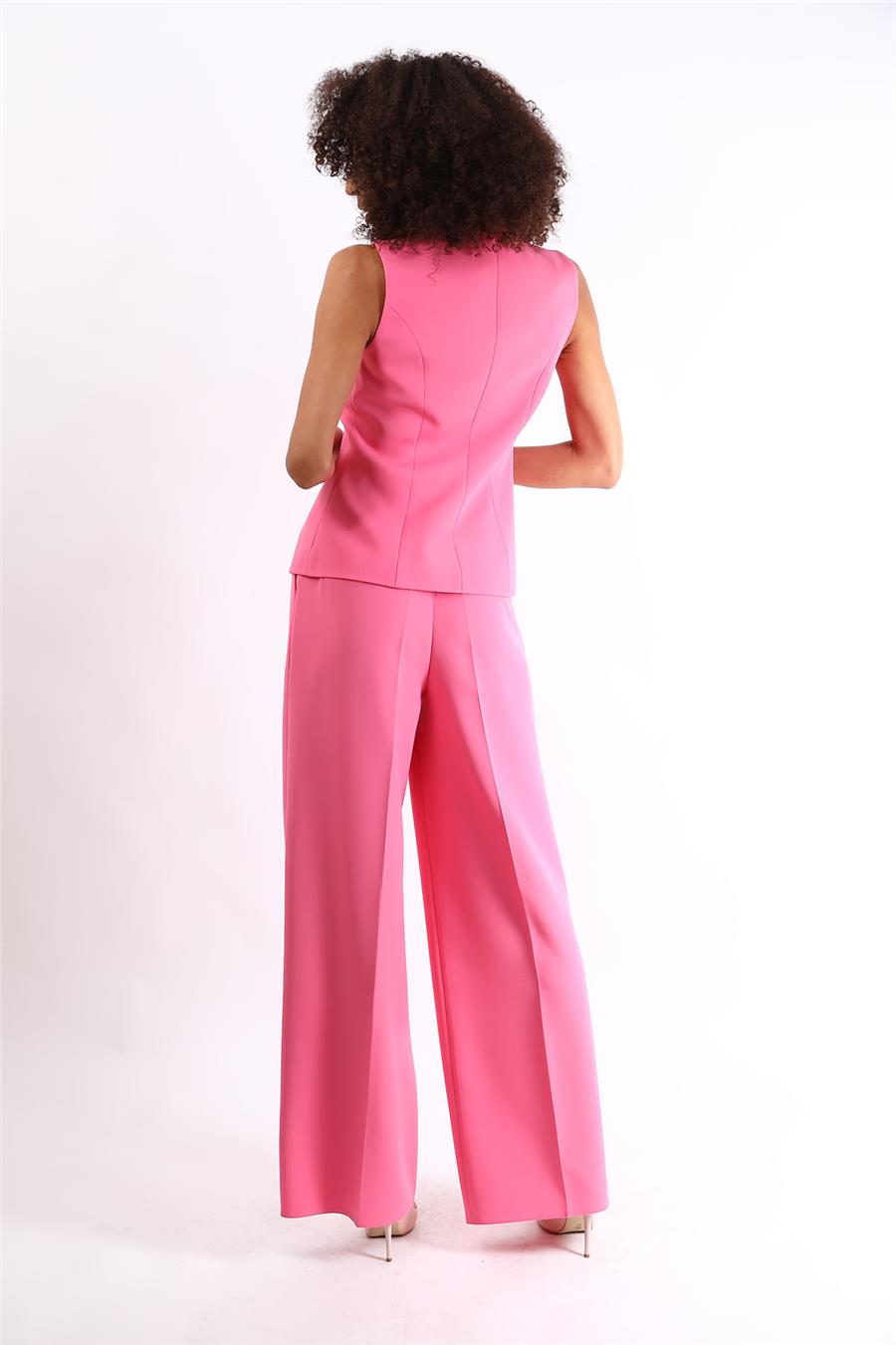 Boydan Düğmeli  Yelek & Yüksek Bel Bol Paça Pantolon Takım-Pembe