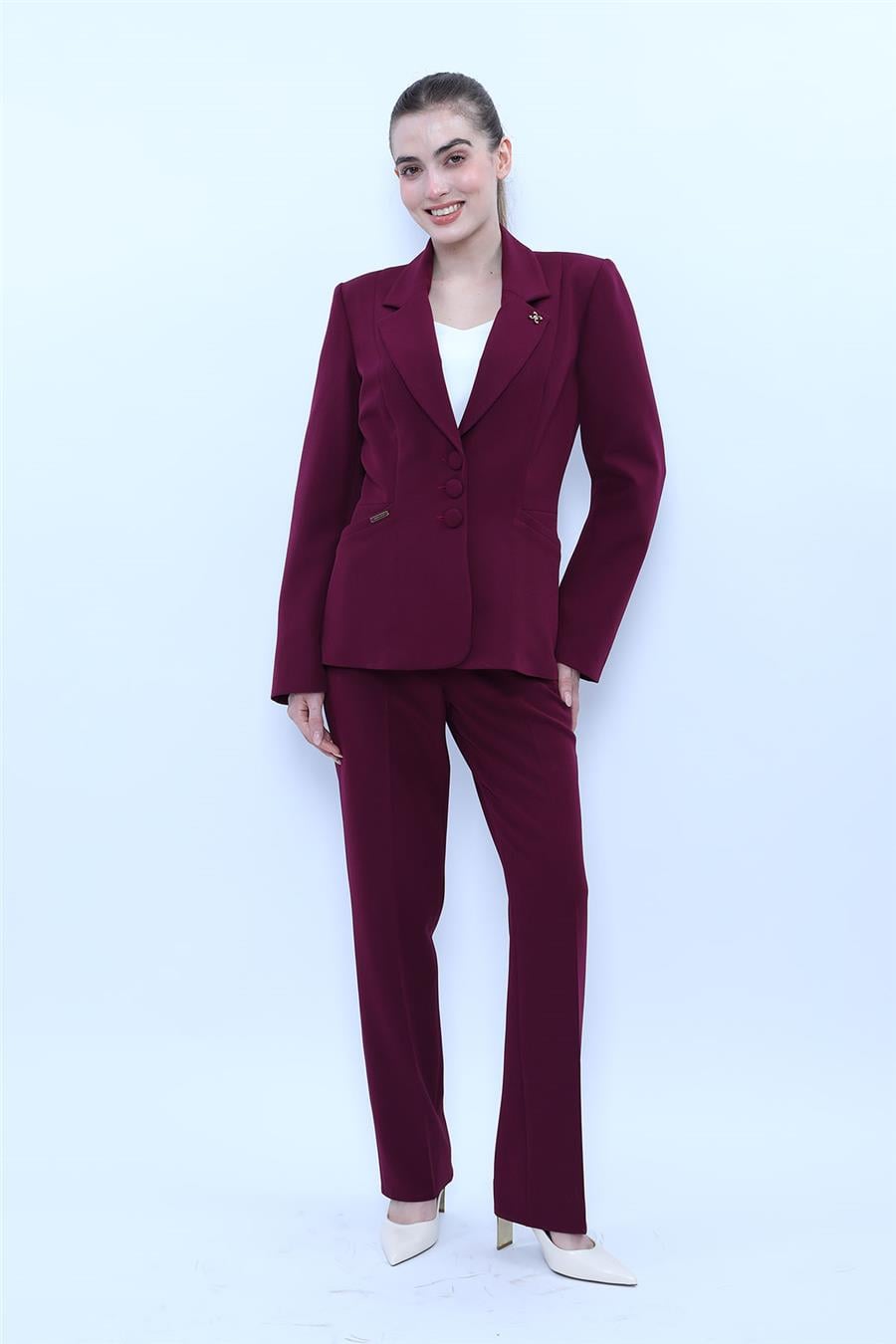 Ceket Yaka Cepli Modern Ceket  & Cepli Boru Paça Pantolon Kadın Takım Elbise-Mürdüm