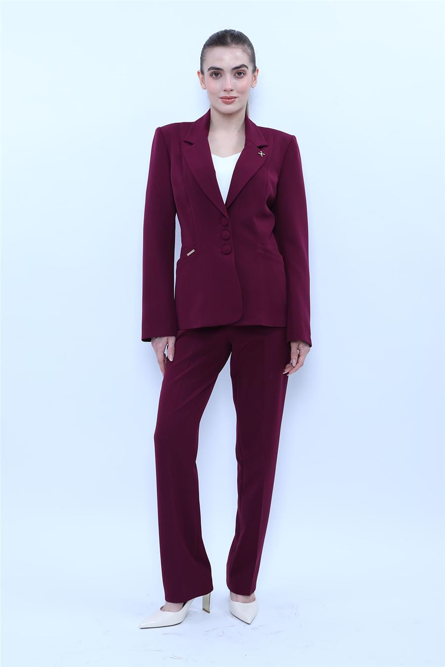 Ceket Yaka Cepli Modern Ceket  & Cepli Boru Paça Pantolon Kadın Takım Elbise-Mürdüm