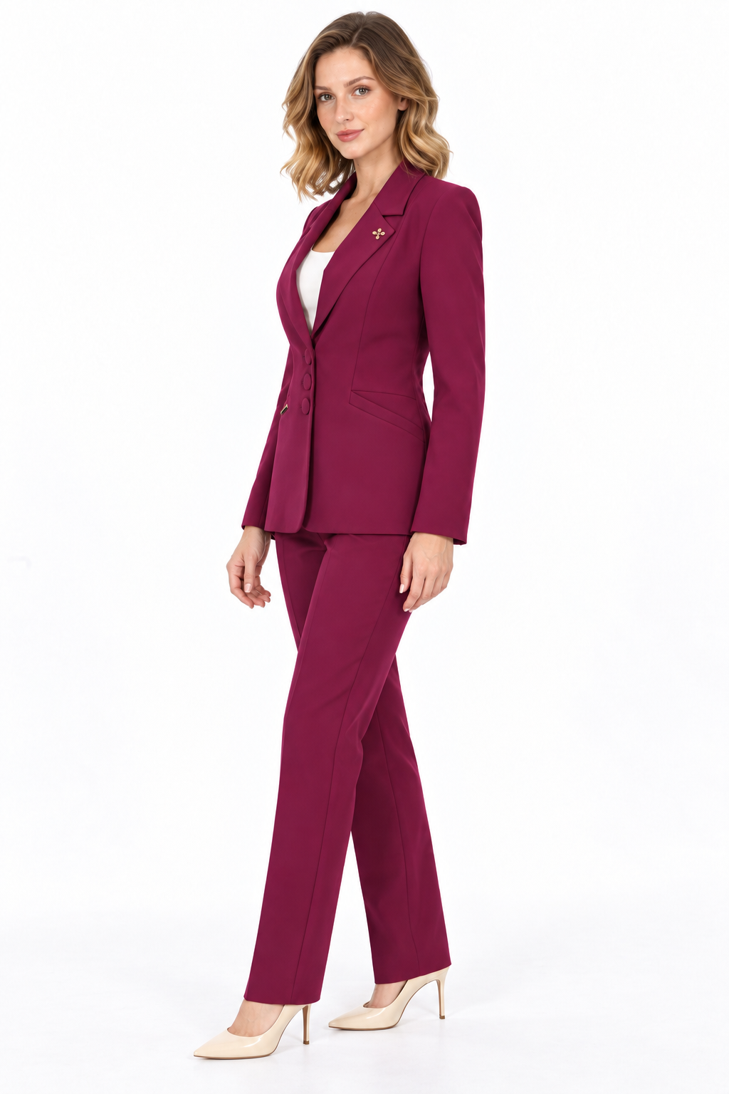 Ceket Yaka Cepli Modern Ceket & Cepli Boru Paça Pantolon Kadın Takım Elbise-Mürdüm - 1177505