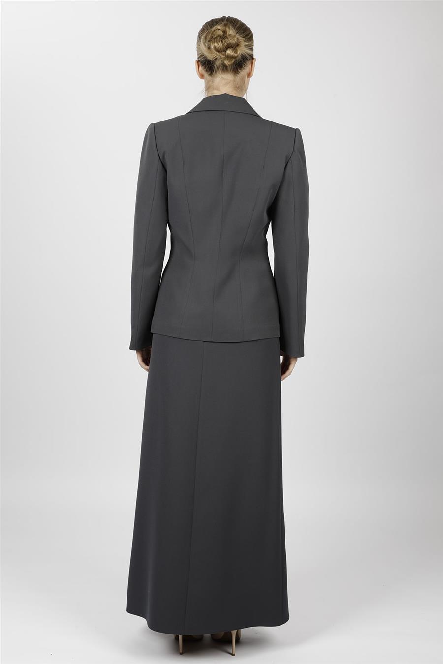 Ceket Yaka Cepli Modern Ceket & Kare Cepli Uzun Çan Etek Kadın Takım Elbise-Füme - 1177537