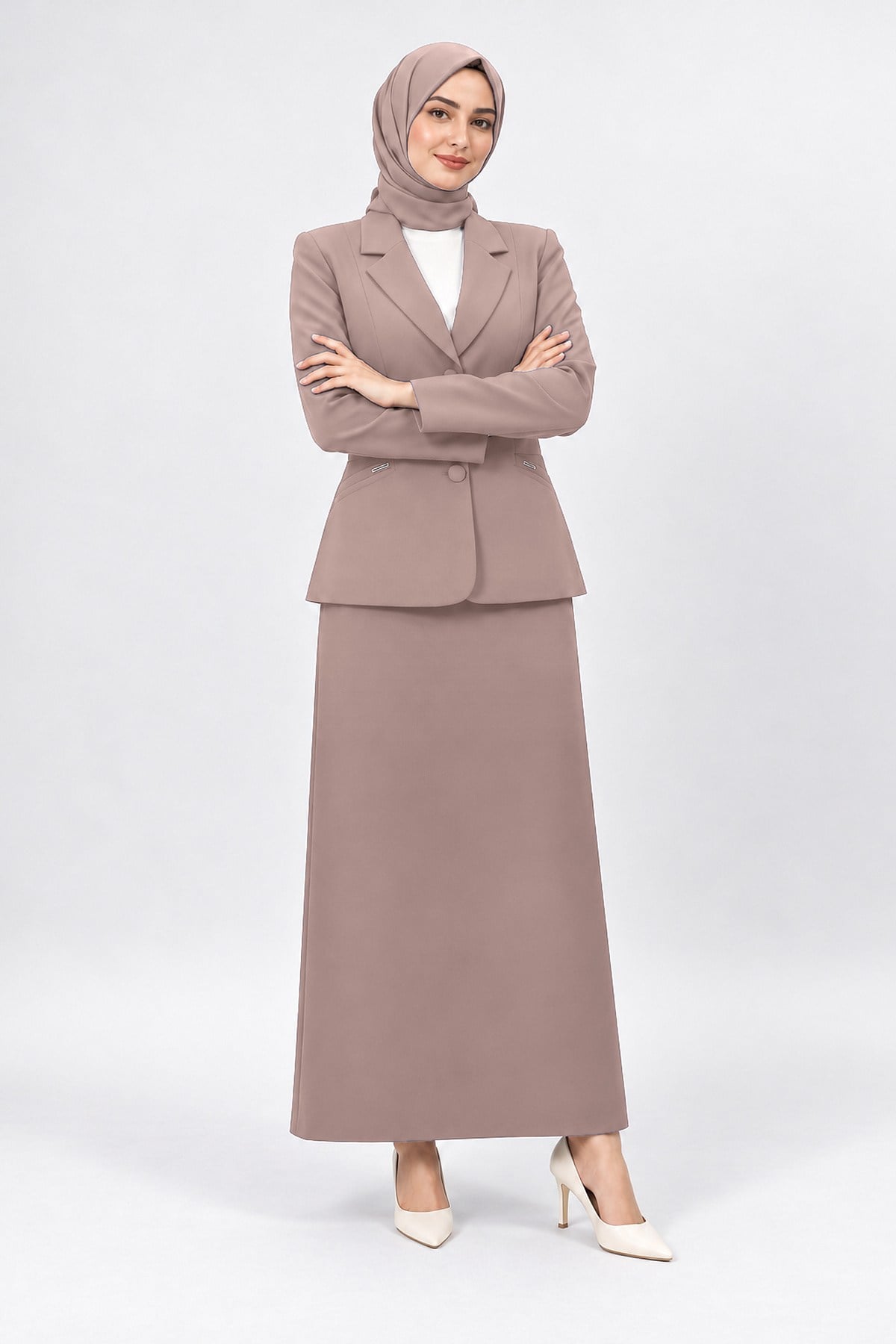 Ceket Yaka Cepli Modern Ceket & Uzun Kalem Etek Kadın Takım Elbise-Taş - 1177553