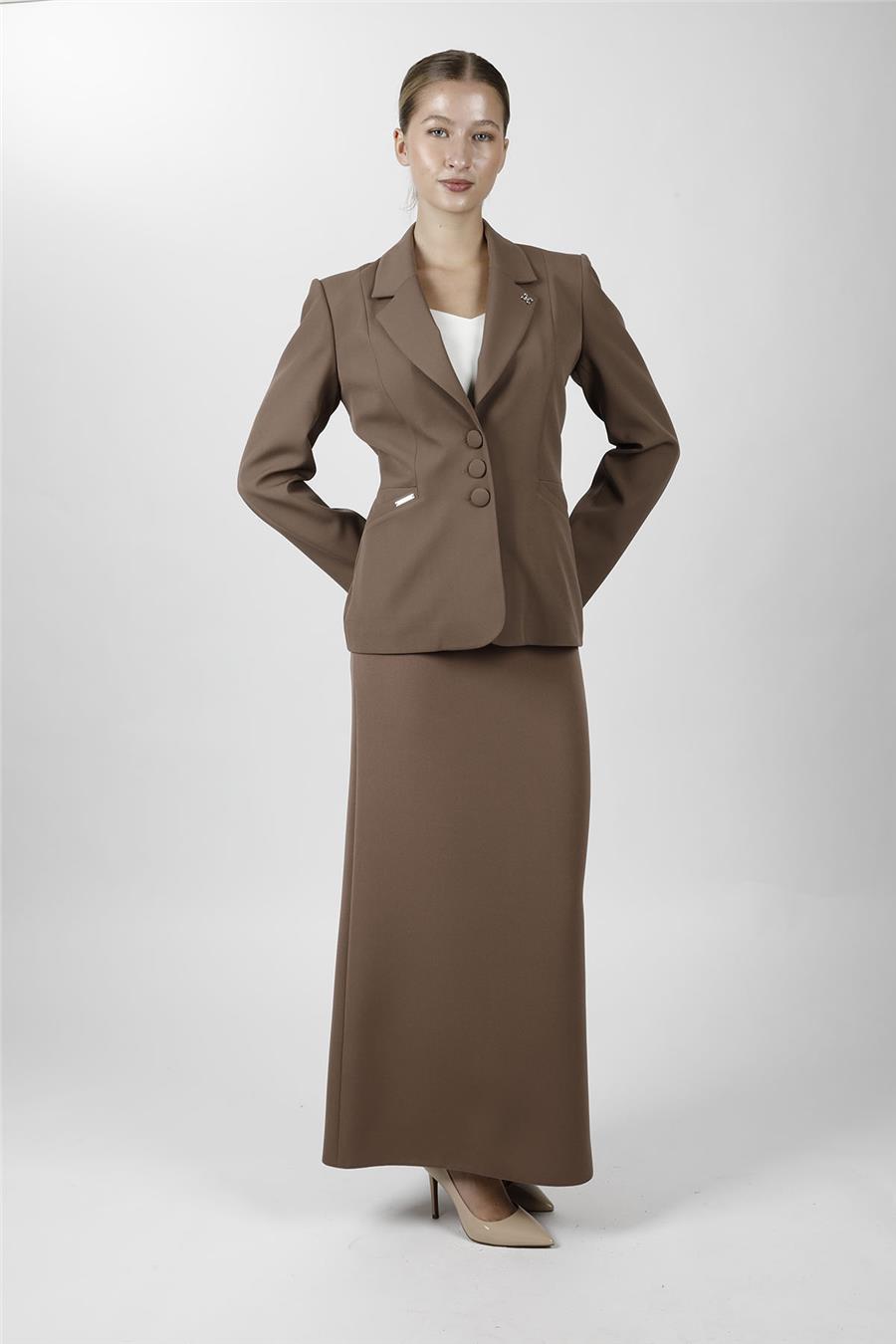 Ceket Yaka Cepli Modern Ceket & Uzun Kalem Etek Kadın Takım Elbise-Kahve - 1177553