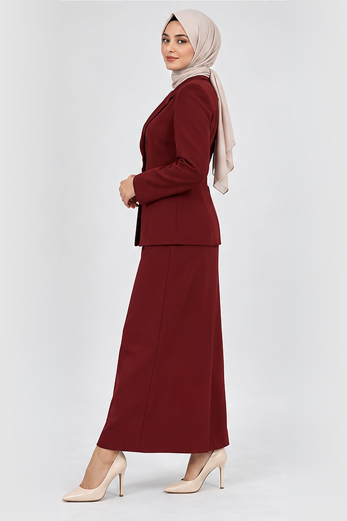 Ceket Yaka Cepli Modern Ceket & Uzun Kalem Etek Kadın Takım Elbise-Bordo - 1177553