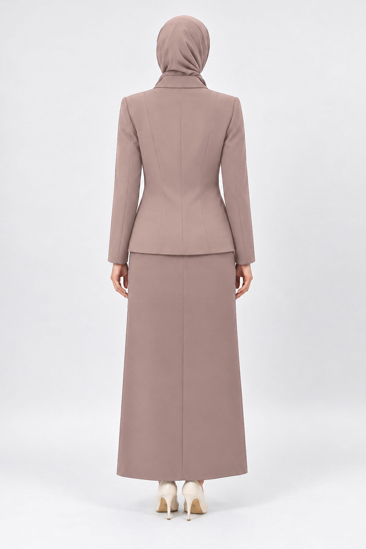 Ceket Yaka Cepli Modern Ceket & Uzun Kalem Etek Kadın Takım Elbise-Taş - 1177553