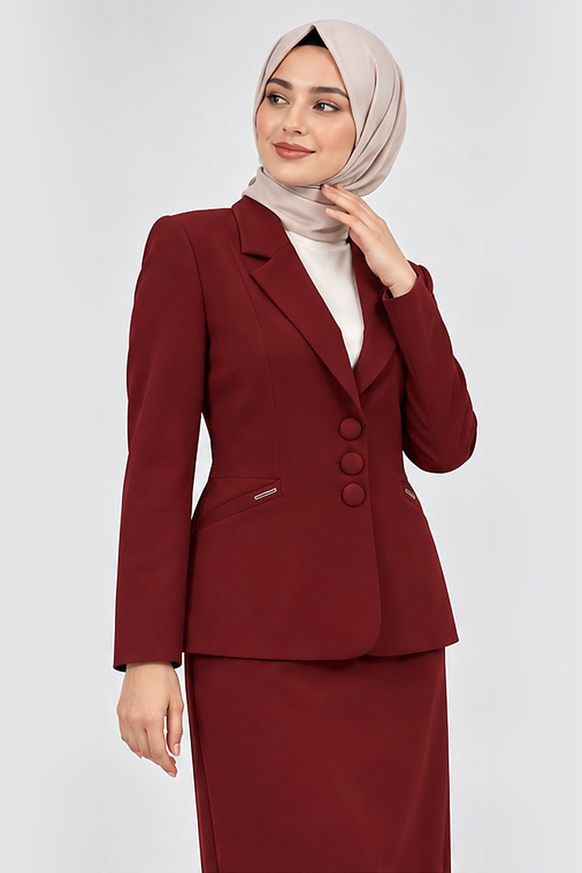 Ceket Yaka Cepli Modern Ceket & Uzun Kalem Etek Kadın Takım Elbise-Bordo - 1177553