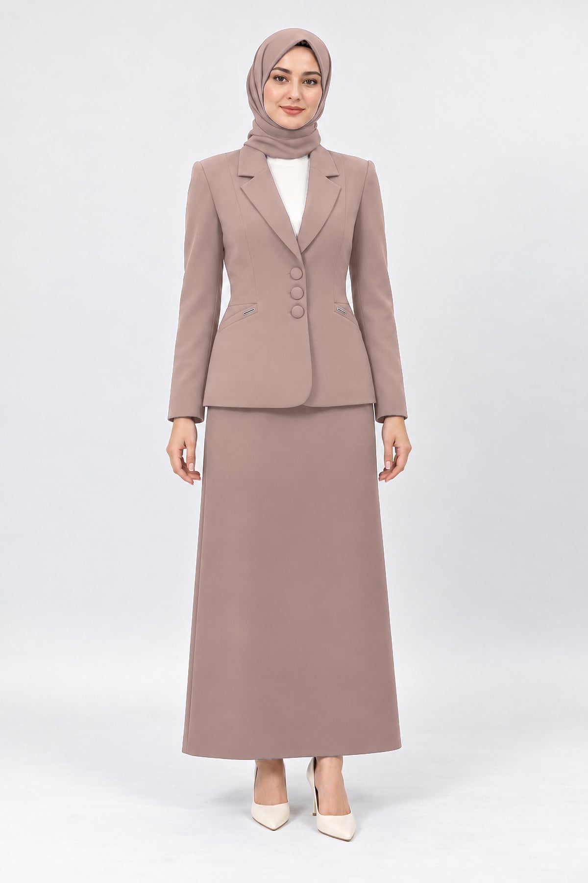 Ceket Yaka Cepli Modern Ceket & Uzun Kalem Etek Kadın Takım Elbise-Taş - 1177553