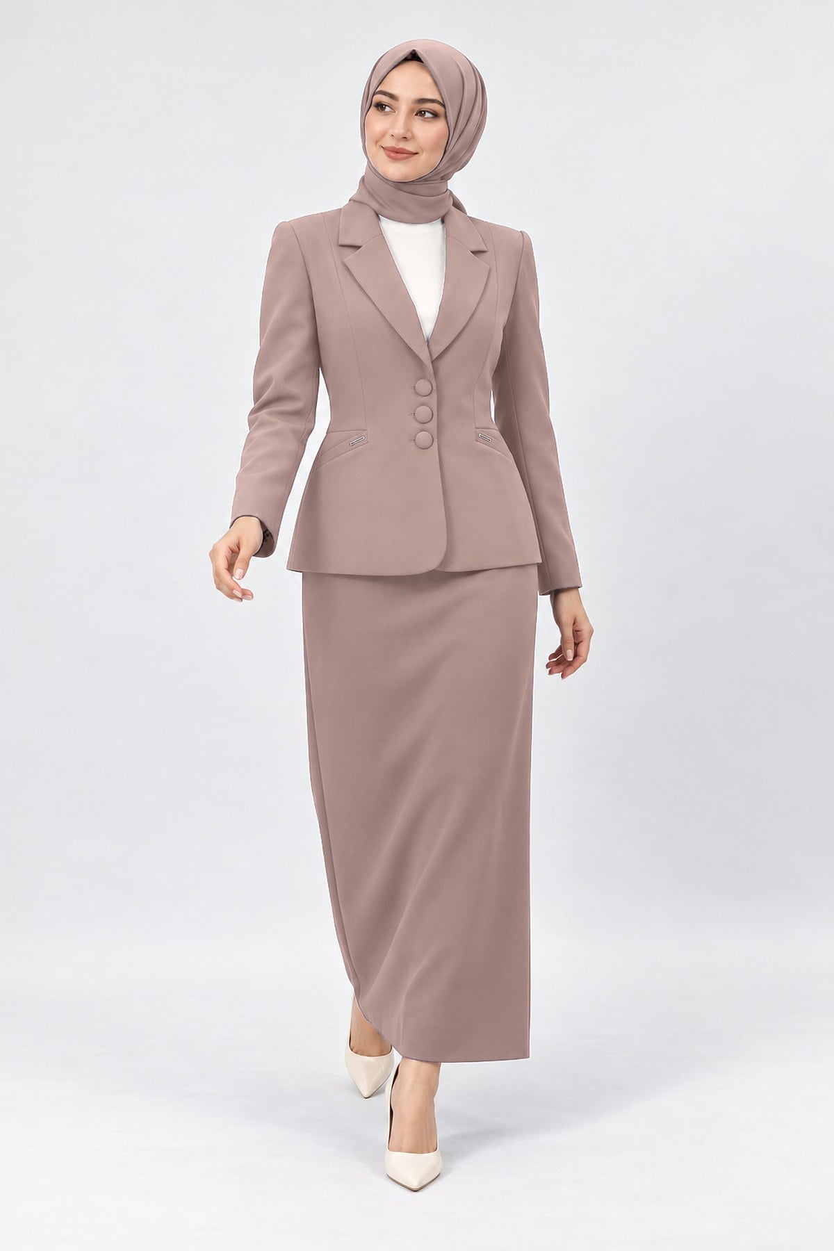 Ceket Yaka Cepli Modern Ceket & Uzun Kalem Etek Kadın Takım Elbise-Taş - 1177553