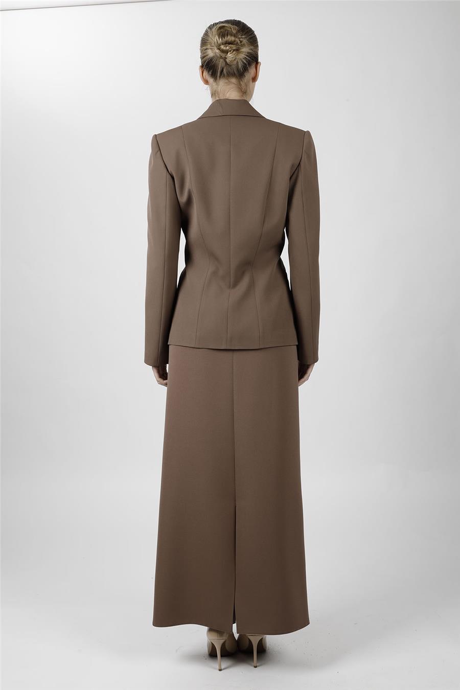 Ceket Yaka Cepli Modern Ceket & Uzun Kalem Etek Kadın Takım Elbise-Kahve - 1177553