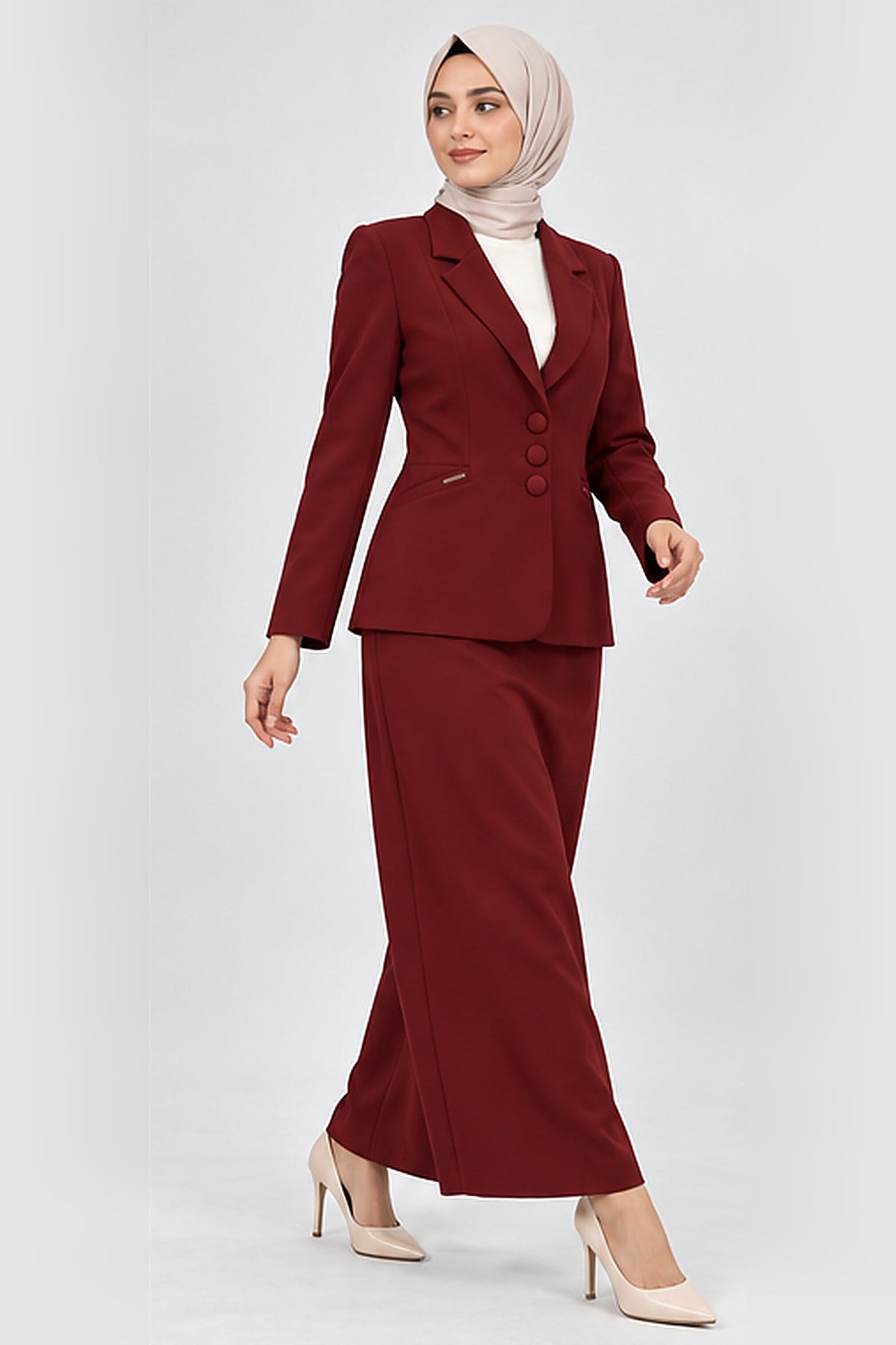 Ceket Yaka Cepli Modern Ceket & Uzun Kalem Etek Kadın Takım Elbise-Bordo - 1177553
