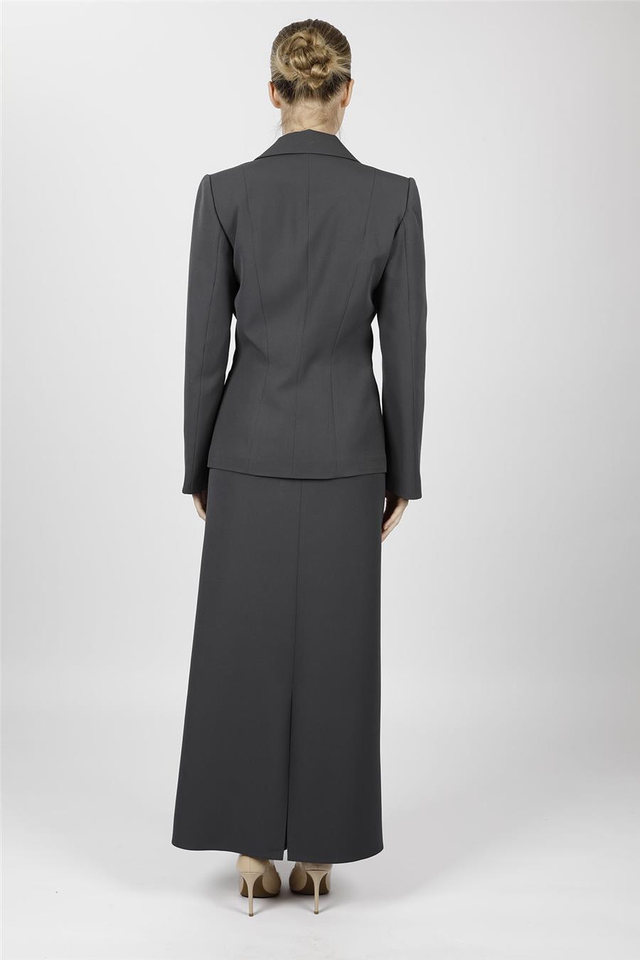 Ceket Yaka Cepli Modern Ceket & Uzun Kalem Etek Kadın Takım Elbise-Füme - 1177553