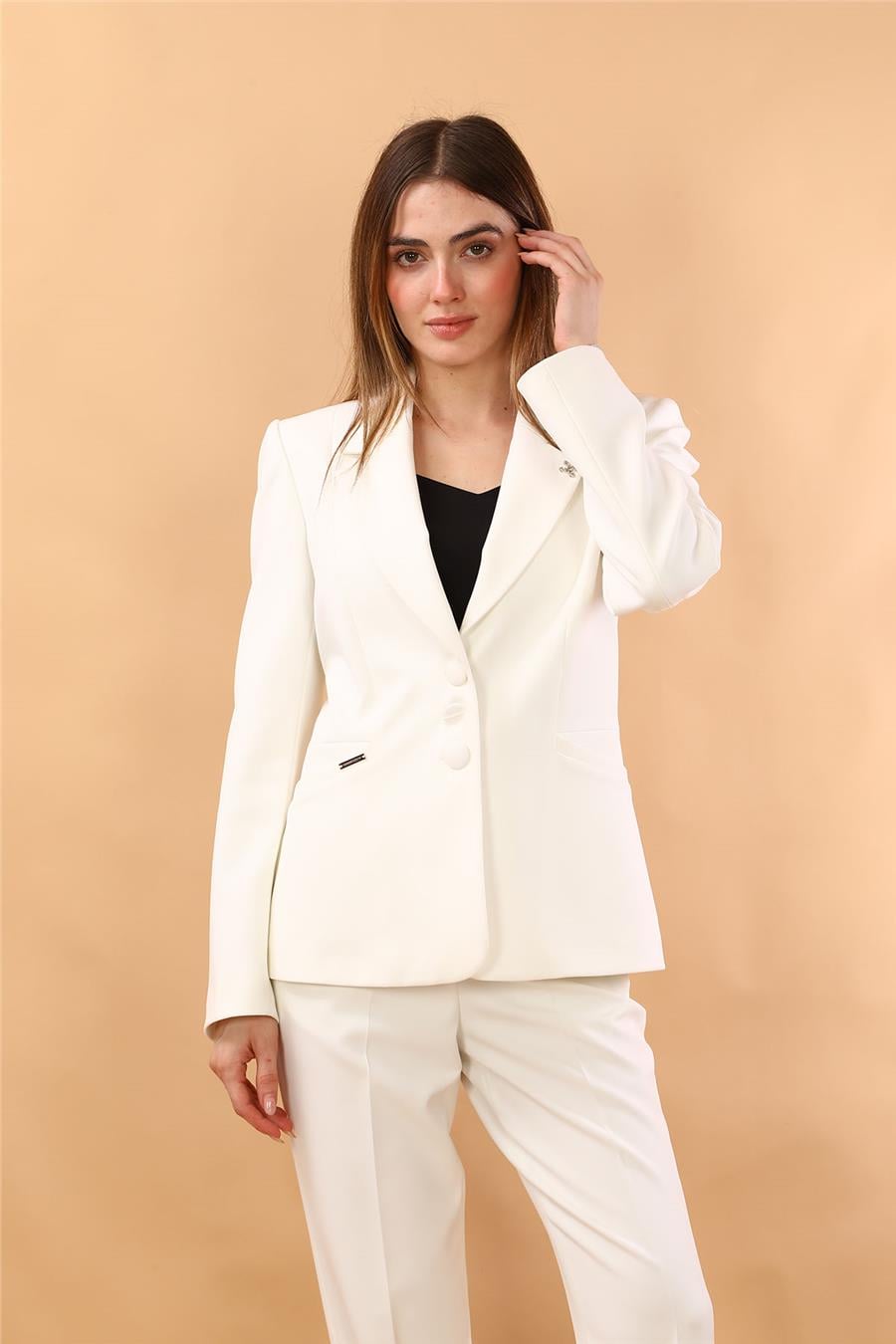 Ceket Yaka Cepli Modern Kadın Ceket -Beyaz