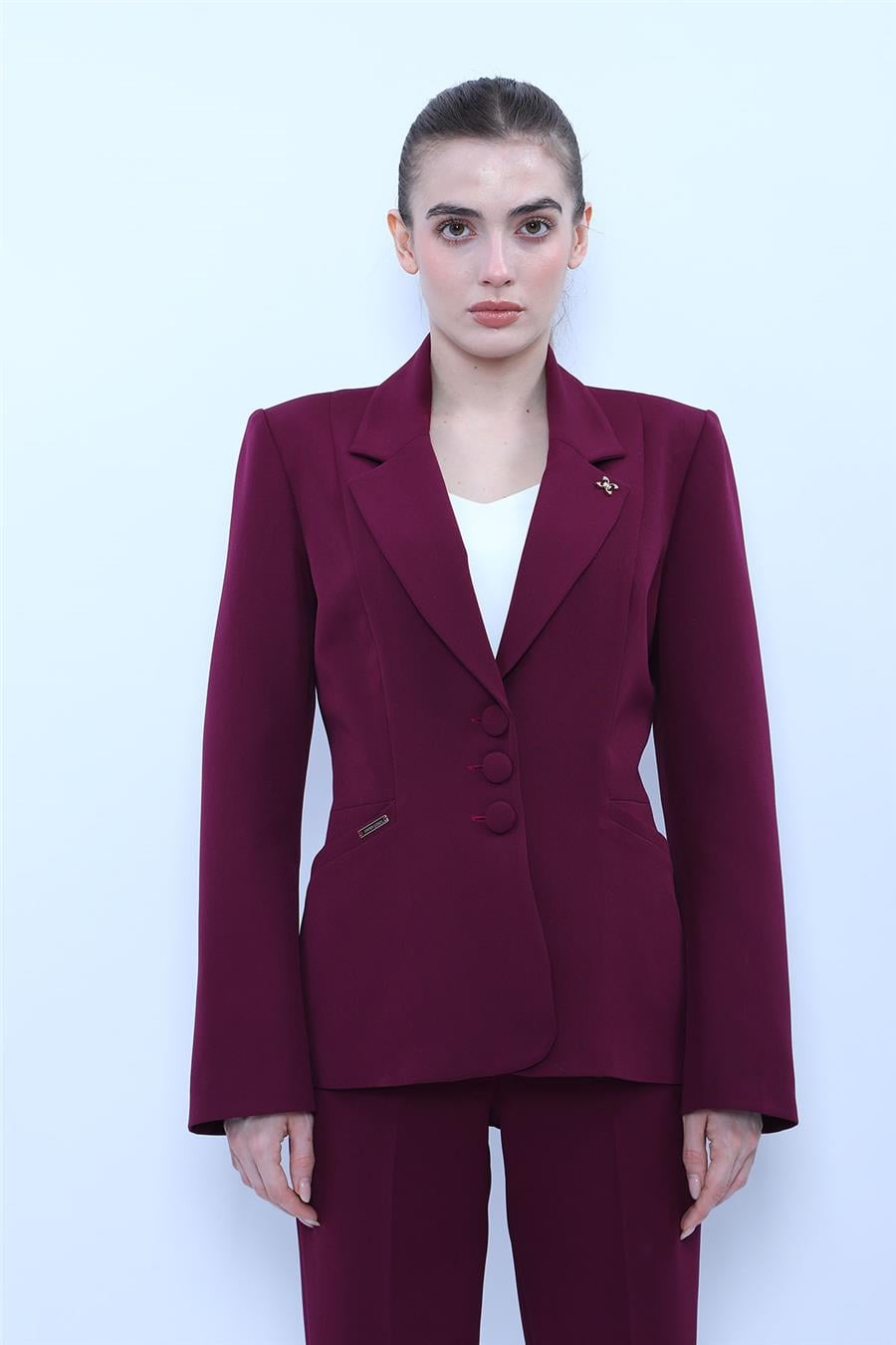 Ceket Yaka Cepli Modern Kadın Ceket -Mürdüm