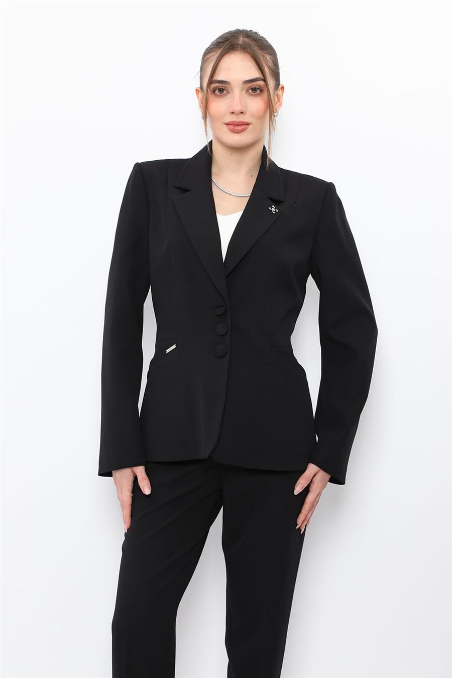 Ceket Yaka Cepli Modern Kadın Ceket -Siyah - 1177100