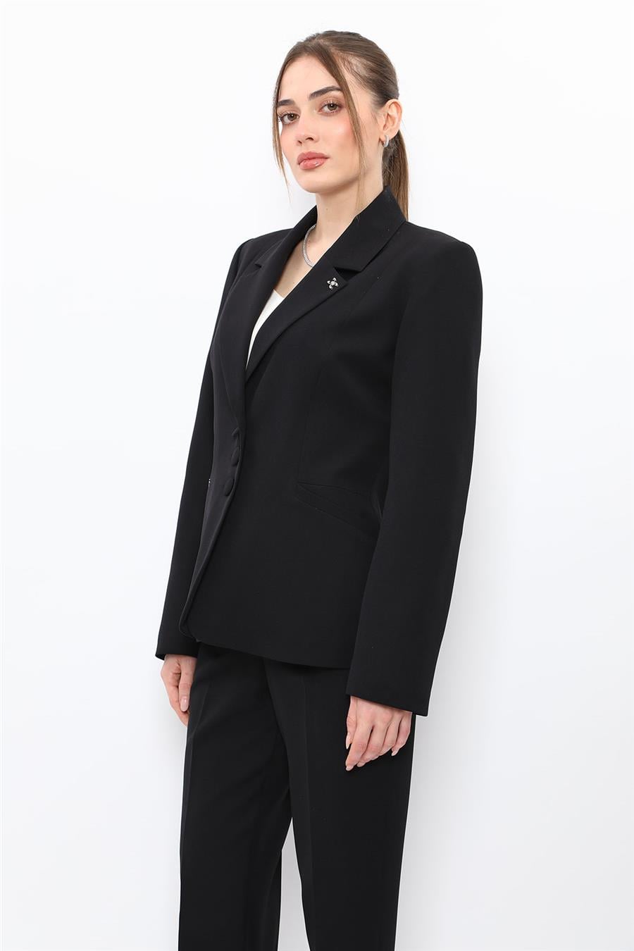 Ceket Yaka Cepli Modern Kadın Ceket -Siyah - 1177100