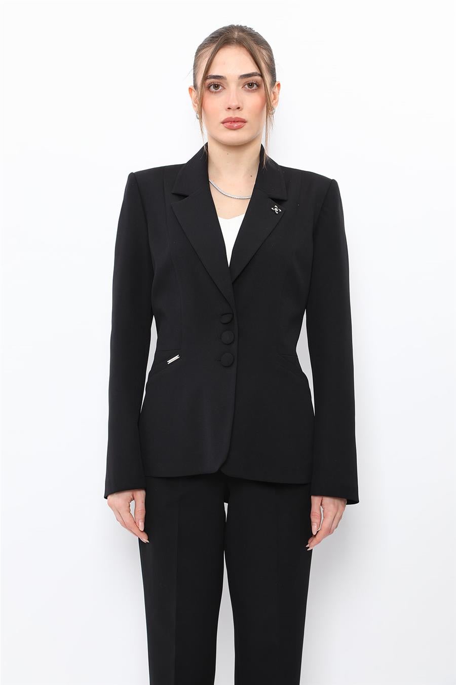 Ceket Yaka Cepli Modern Kadın Ceket -Siyah - 1177100