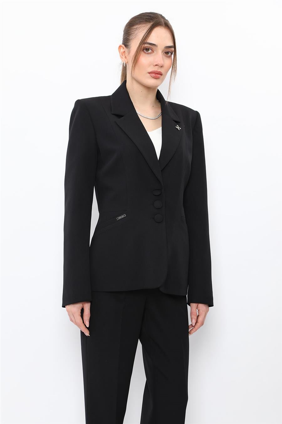 Ceket Yaka Cepli Modern Kadın Ceket -Siyah - 1177100