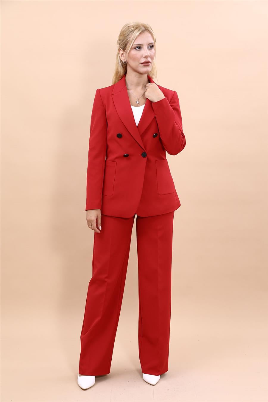 Cepli Şık Blazer Ceket &  Bol Paça Pantolon Kadın Takım Elbise-Kırmızı