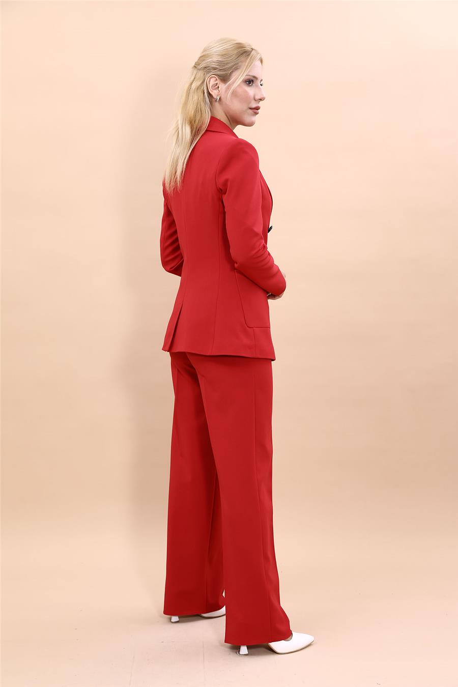 Cepli Şık Blazer Ceket &  Bol Paça Pantolon Kadın Takım Elbise-Kırmızı