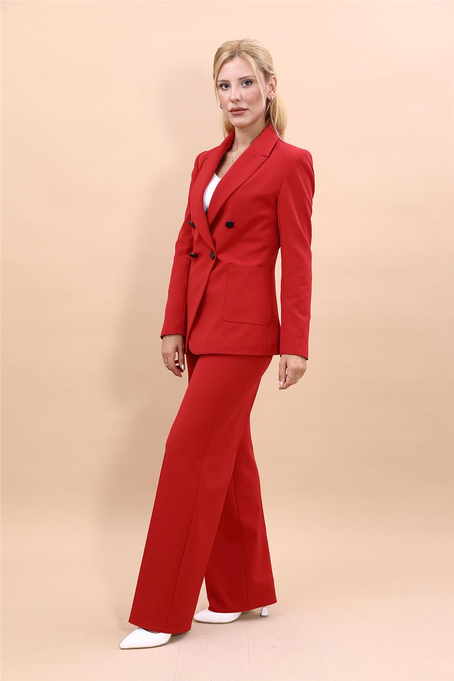 Cepli Şık Blazer Ceket &  Bol Paça Pantolon Kadın Takım Elbise-Kırmızı