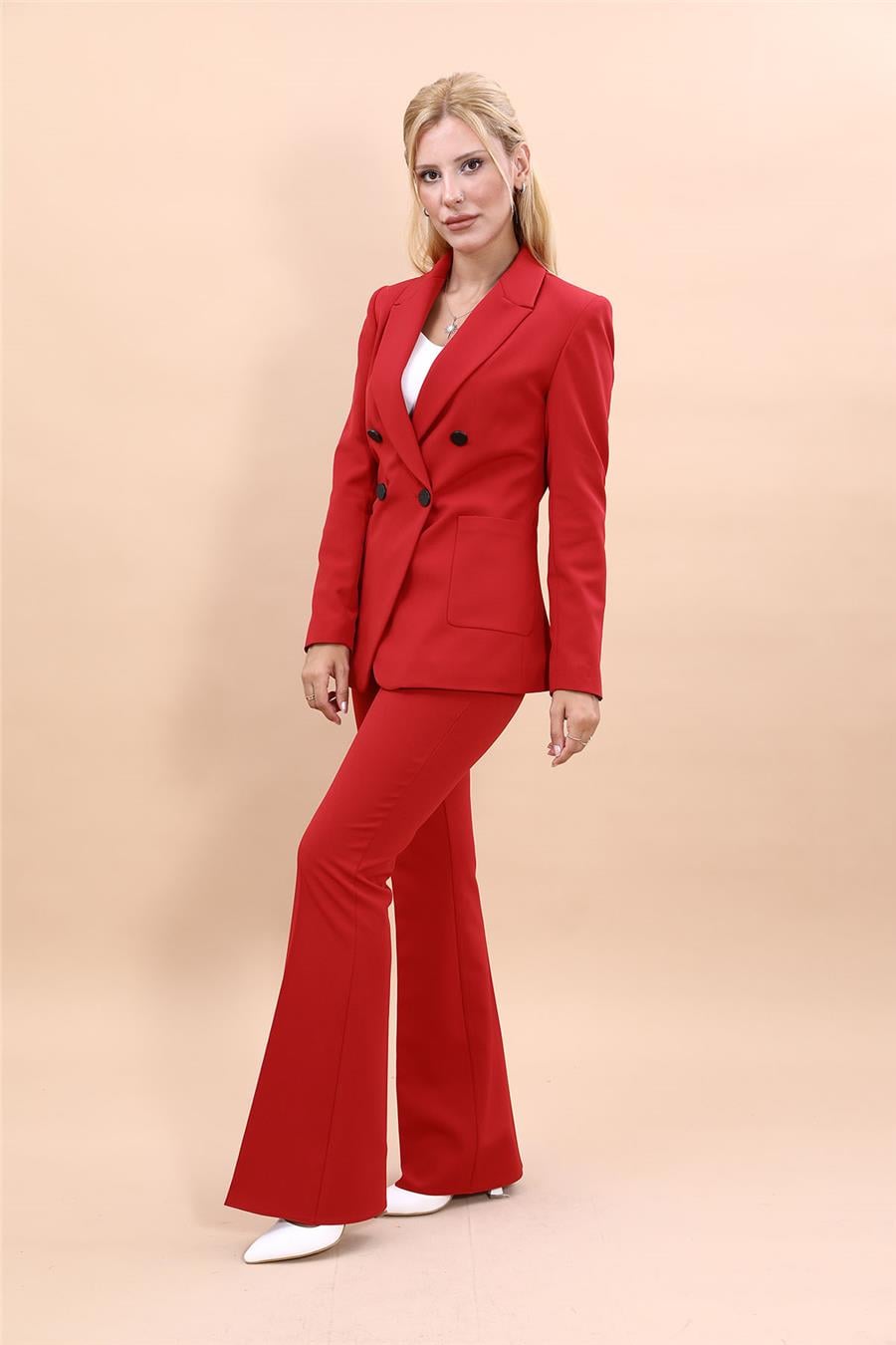 Cepli Şık Blazer Ceket  &  İspanyol Paça Pantolon Kadın Takım Elbise-Kırmızı