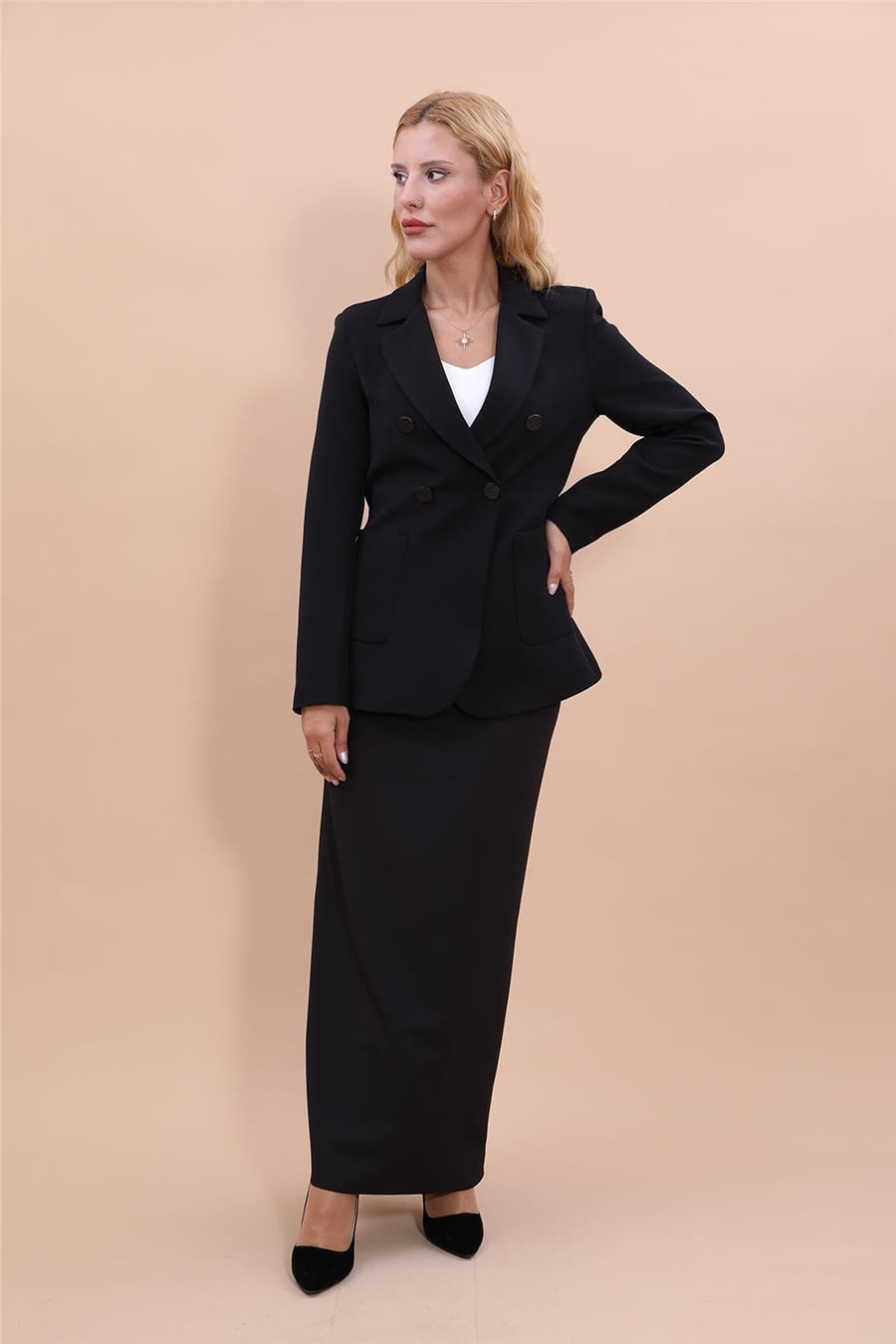 Cepli Şık Blazer Ceket & Uzun Kalem Etek Kadın Takım Elbise-Siyah