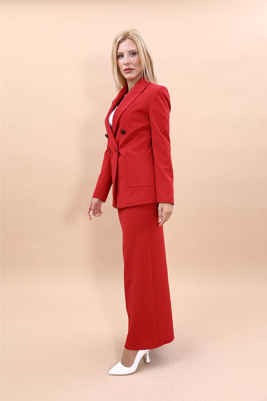 Cepli Şık Blazer Ceket & Uzun Kalem Etek Kadın Takım Elbise-Kırmızı
