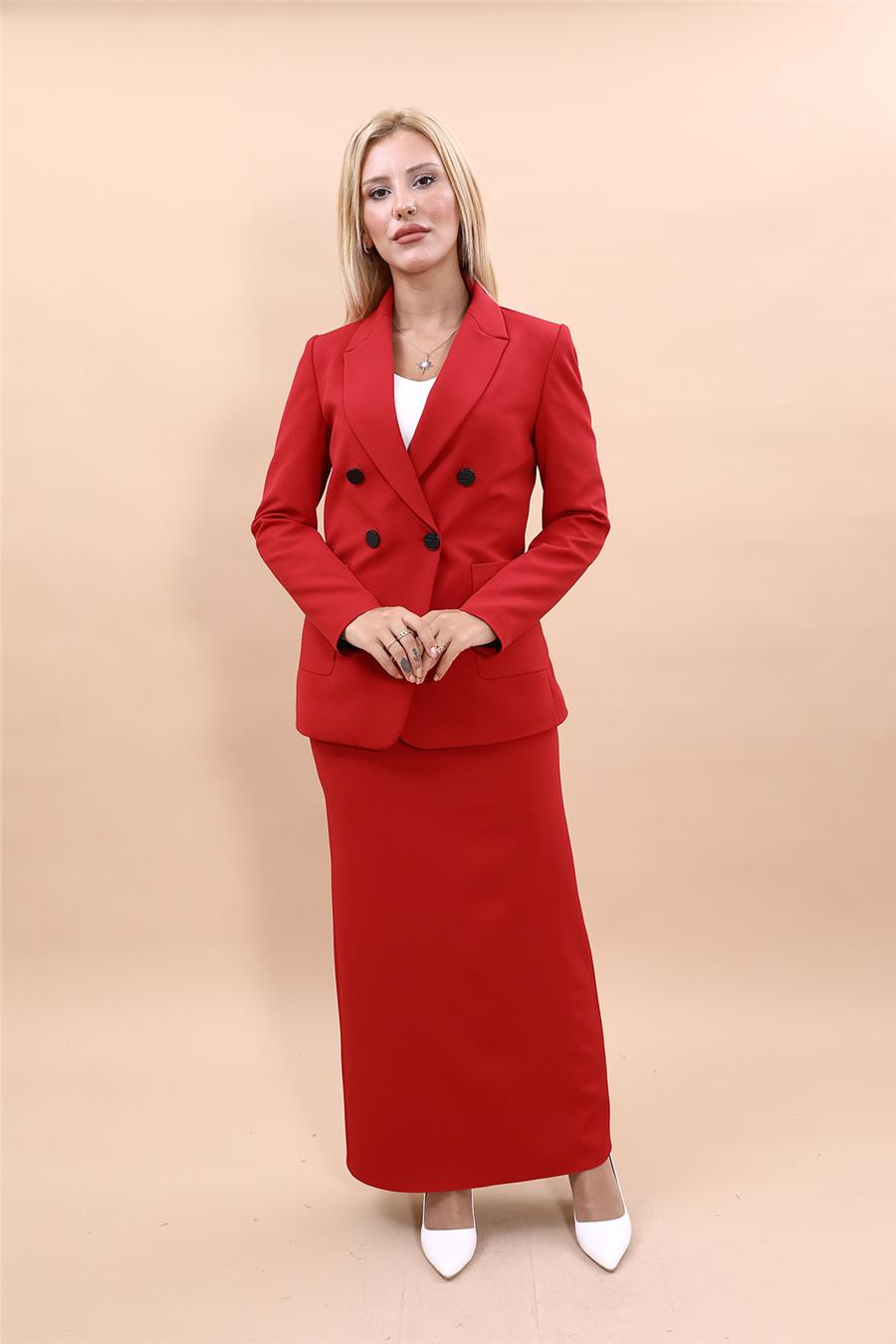 Cepli Şık Blazer Ceket & Uzun Kalem Etek Kadın Takım Elbise-Kırmızı
