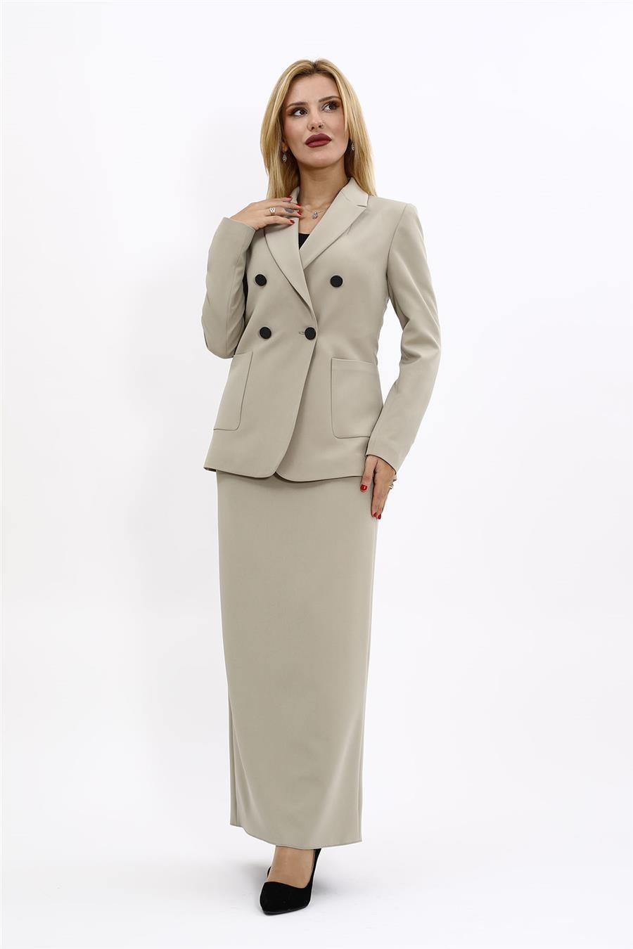 Cepli Şık Blazer Ceket & Uzun Kalem Etek Kadın Takım Elbise-Bambu