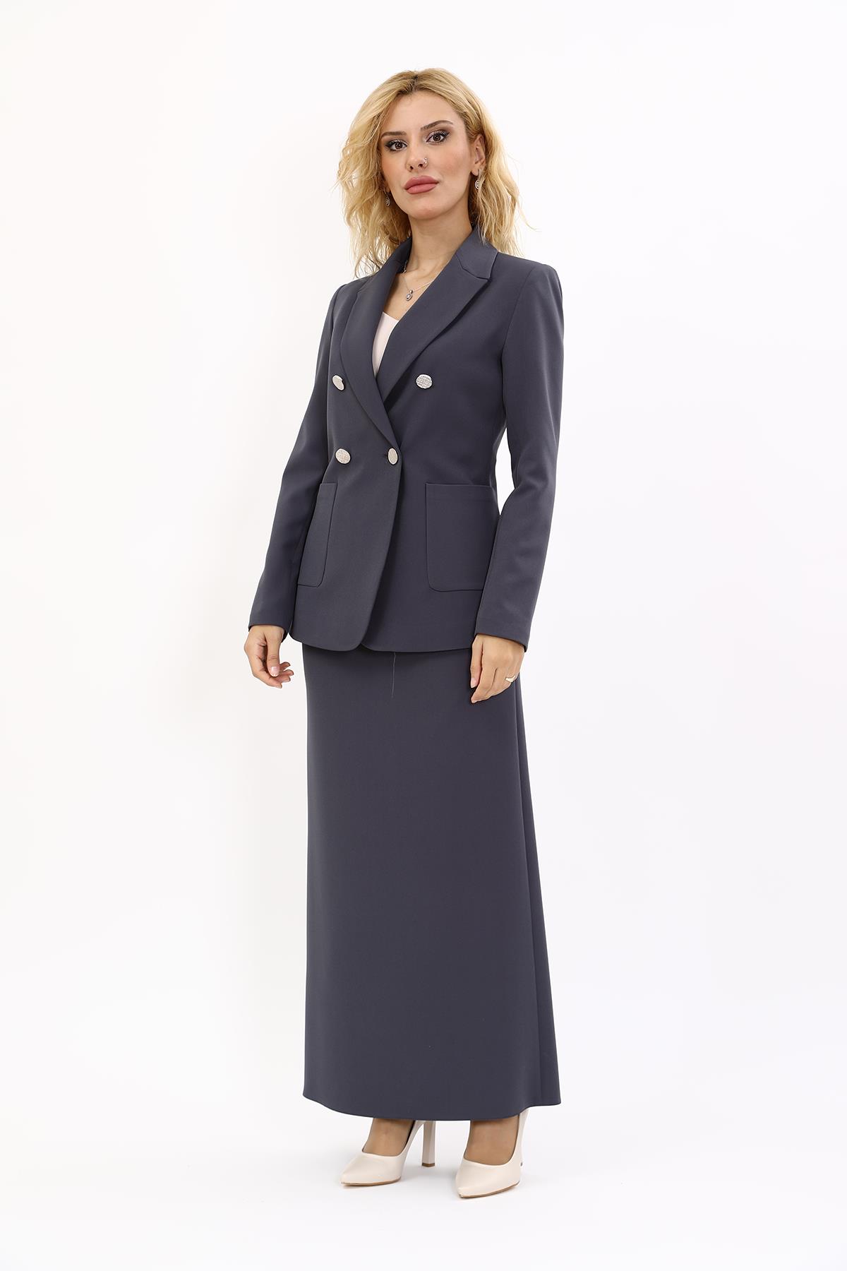 Cepli Şık Blazer Ceket & Uzun Kalem Etek Kadın Takım Elbise-Füme